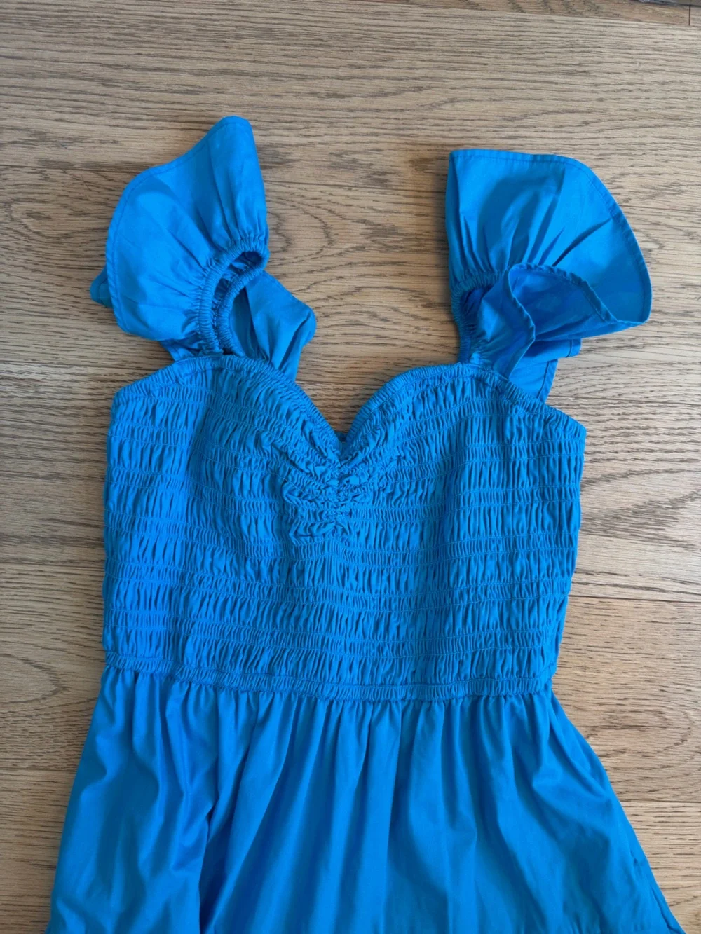 Abercrombie & Fitch Ruffle Strap Smocked Midi Dress in Blue